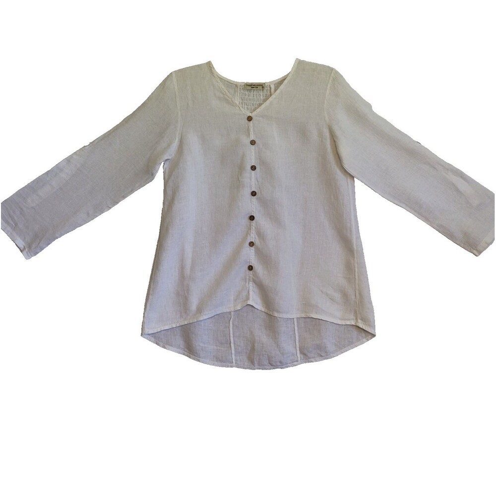 Terzo Millennio Tunic Top Womens Small White Linen Roll Tab Sleeves Lagenlook